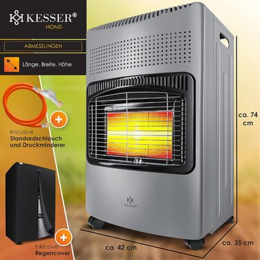 Газовий обігрівач KESSER® 4200W з керамічним нагрівачем, газовий опалювач, інфрачервовий нагрівач, для будинку та на вулицю, сумісний з бутаном/пропаном (до 15кг), сірий, з регулятором тиску, шлангом та захисним кожухом