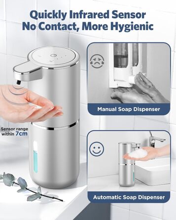 Автоматичний дозатор мила, 380 мл, електричний, з датчиком, USB, водонепроникний IPX5, для кухні, ванної кімнати, школи, готелю (сріблястий, піна)
