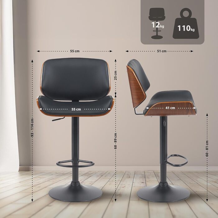 Барний стілець CLP Beverley з штучної шкіри, регульована висота та поворот, дерев'яний табурет з підніжкою, колір: горіх/чорний