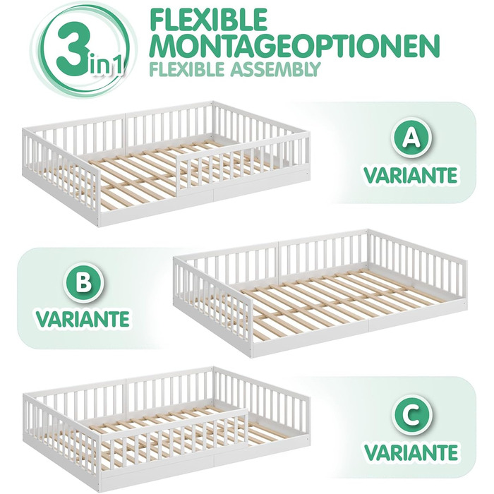 Ліжко дитяче CADANI Timi 2в1 Montessori 120x200 см з бортиками, ламелі, масив сосни, біле - 3 варіанти збірки, до 200 кг