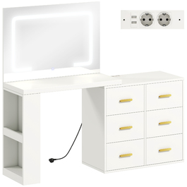 Тумбочка для макіяжу HOMCOM з регульованим LED-дзеркалом, розетками, 6 висувними ящиками, 2 відкритими полицями, біла