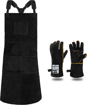 Зварювальна шкура QeeLink зі зварювальними рукавичками - шкіряна шкура з 6 кишенями, вогнестійка та термостійка робоча шкура (Чорний - 61 x 91 см)