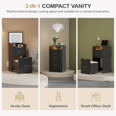 Трюмо Lvifur з LED-дзеркалом та 3 шухлядами, кутовий, для спальні, квартири, гуртожитку, білий (чорний)