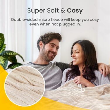 Електрична ковдра Cosi Home 180x130 см з регулюванням температури, таймером та захистом від перегріву. Зручна флісова ковдра з 10 рівнями нагріву та дистанційним керуванням. Колір: кремовий.