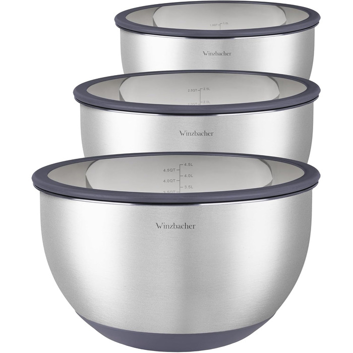 Набір мисок з нержавіючої сталі з кришками [3 шт.] 1л + 2.5л + 4.5л | Миски для перемішування, салатники, набір мисок | Нековзні, складаються, придатні для миття в посудомийній машині