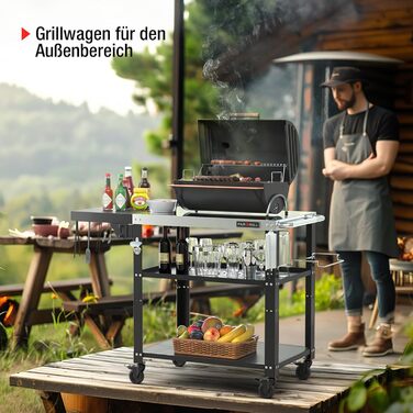 Мобільний сервісний візок для гриля з 3 рівнями, відкидним столиком та поворотними колесами на 360° з гальмом – багатофункціональний гриль-стіл з нержавіючої сталі для барбекю та саду