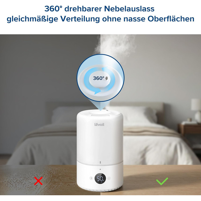 Зволожувач повітря Levoit Smart для спальні та дитячої кімнати, 3 л, кремовий. З сенсором вологості, тихий (20 дБ), з обертовою насадкою 360° для рослин.