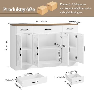 Сервант HOCSOK 140 см: кухонна шафа з 2 регульованими полицями, буфет з 3 висувними ящиками та 4 дверцятами, для вітальні, кухні, передпокою, білий & коричневий