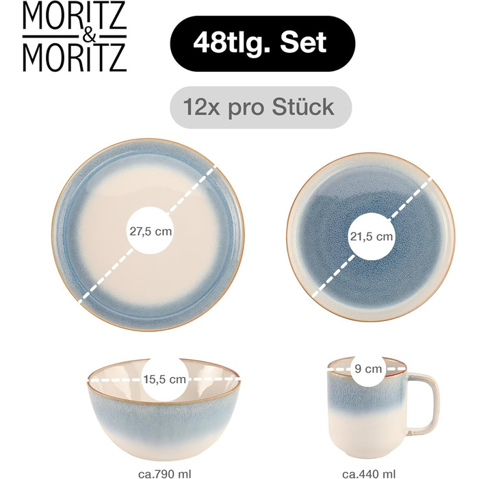 Набір посуду Moritz & Moritz TARENTO 48 предметів (12 осіб) - 48-місний набір посуду з високоякісної кераміки, 12 обідніх тарілок, 12 десертних тарілок, 12 супових тарілок та 12 чашок, блакитний колір