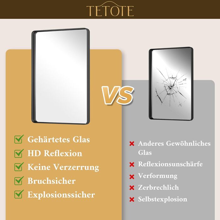 Дзеркало для ванної кімнати TETOTE 40x50 см, чорне, прямокутне, з металевим каркасом, з круглими кутами, для раковини, з загартованого скла