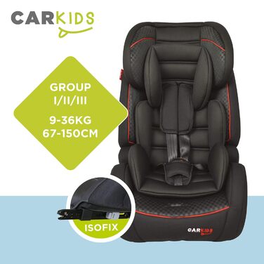 Регульоване дитяче автокрісло Carkids чорно-червоне Дитяче автокрісло групи 1-2-3 з роз'ємом Isofix і верхнім ременем Діти від 9 місяців до 12 років9-36 кг