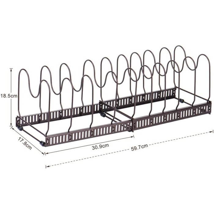 Тримач кришки каструлі Toplife, металева підставка для посуду для кришок каструль, тарілок, обробних дощок і сковорідок з 7 регульованими відділеннями, ідеально підходить для кухонного начиння, чорний (органайзер для каструль коричневого кольору)