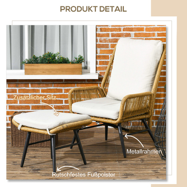Крісло та пуф Outsunny з ротангу Polyrattan, регульована спинка, світло-коричневий/сірий/чорний
