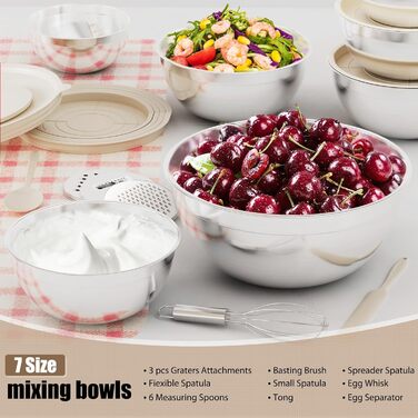 Набір мисок для змішування з нержавіючої сталі (7 шт.) з кришками та тертками - 4.5, 4, 3.5, 2.1, 1.5, 1.1, 0.7 QT, кухонний набір для приготування, випічки та сервірування, хакі