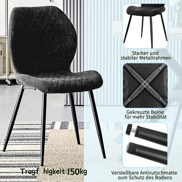 Набір з 4/6 стільців для їдальні, кухні, вітальні, чорного кольору, ергономічні, оббивка з льону