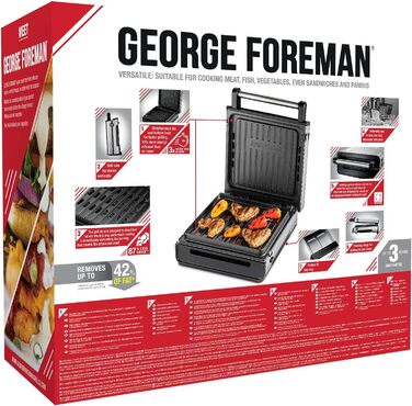Контактний гриль George Foreman з антипригарним покриттям для приготування паніні та сендвічів [Без диму - 87% менше диму] Настільний гриль (знімні та придатні для миття в посудомийній машині пластини, температура 200°C, корпус з нержавіючої сталі) 28000-