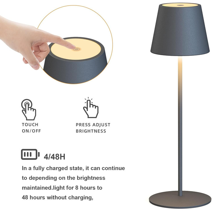 LED настільна лампа MALUX бездротова з торшевим керуванням, регулювання яскравості, тепле біле світло 2700K-4000K, метал, акумулятор, водонепроникність IP54, для саду, їдальні, спальні, робочого кабінету, балкону, готелю (темно-сірий)