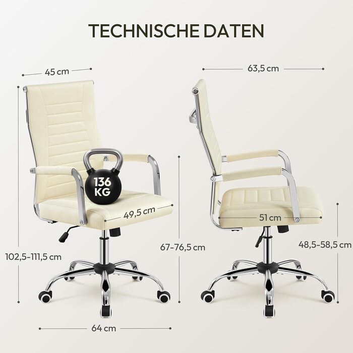 Офісний крісло Yaheetech з ергономічною спинкою та підлокітниками, для офісу та дому, до 136 кг, білий (бежевий)