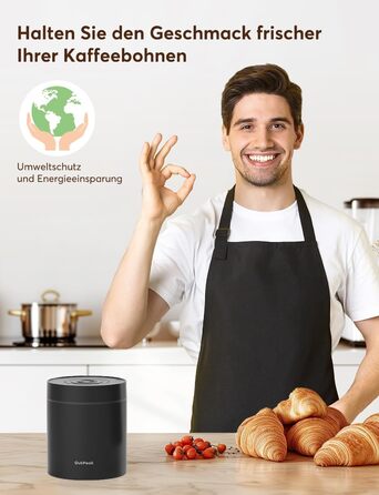 OUTPEAK Neo 2025 Kilo Auto-Vakuum-Kaffeedose: Контейнер для кави з авто-вакуумним насосом, 1,5 л, для 500 г кавових зерен, з кнопкою, з нержавіючої сталі, для бариста, подарунок (великий, матовий чорний)