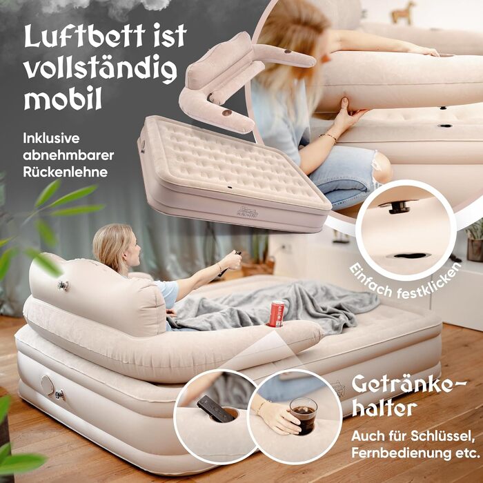 Надувне ліжко 3-в-1 | Гостьове та кемпінгове ліжко | Надувна матрац з електропомпою 150x200 | Самостійно надувна повітряна матрац (2 особи, Бежевий)