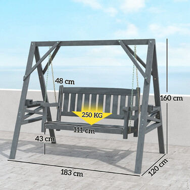 Двомісна садова гойдалка, дерев'яна лавка-гойдалка з полицями, тримачами для напоїв та металевими ланцюгами, сірого кольору