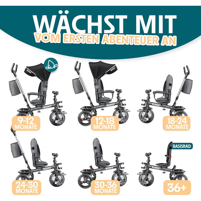 Триколісний велосипед KIDIZ 6-в-1 з ручкою, кошиком, сонцезахисним козирком до 25 кг (Чорний)