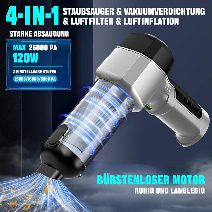 Акумуляторний ручний пилосос 4-в-1 для авто та дому, потужність 25000Па, бездротовий електроповітродув для прибирання шерсті, кухні та ПК, чорний