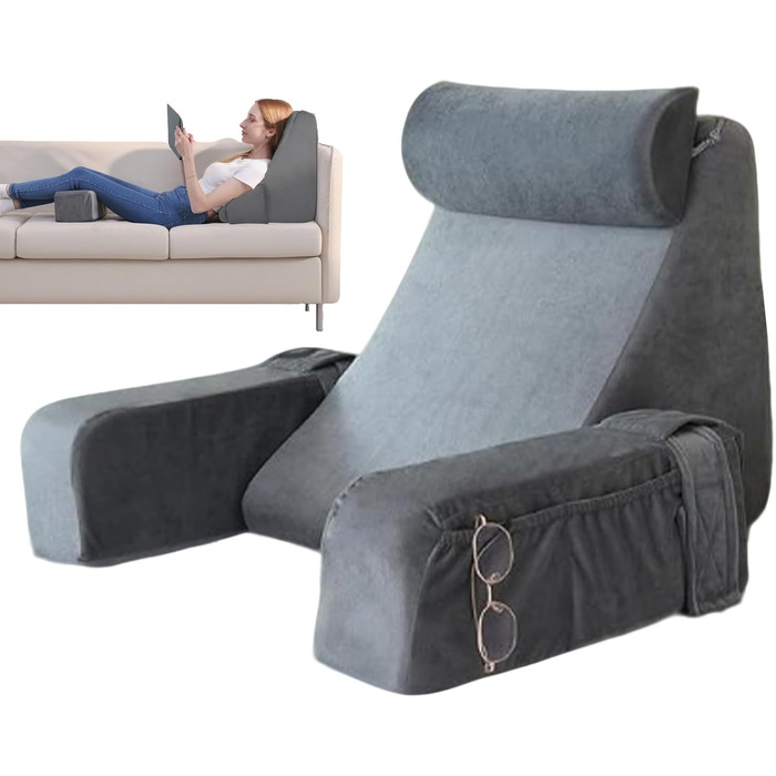 Підголовник для читання в ліжко/диван з підлокітниками та подушкою для голови, спинка для дорослих, V-подібний килимок знімним чохлом, килимок для читання/ігор/перегляду телевізора
