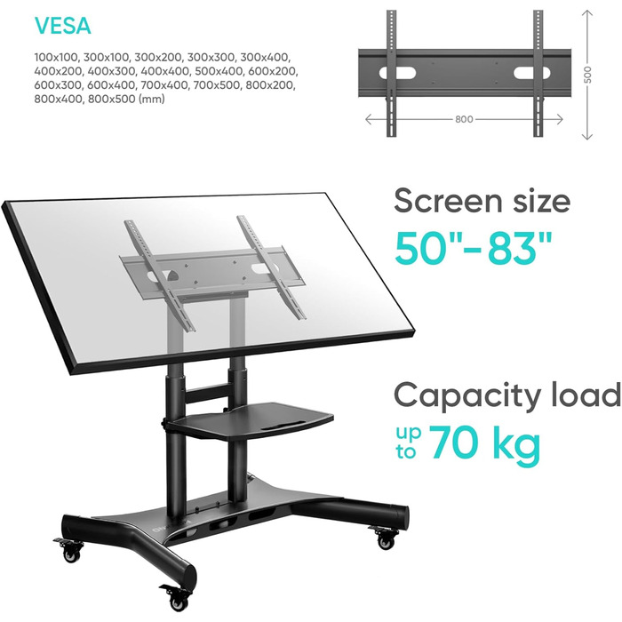 Рулонна підставка під телевізор ONKRON 32-70 дюймів, регулювання висоти та нахилу, макс. 45 кг, VESA 600x400, чорний