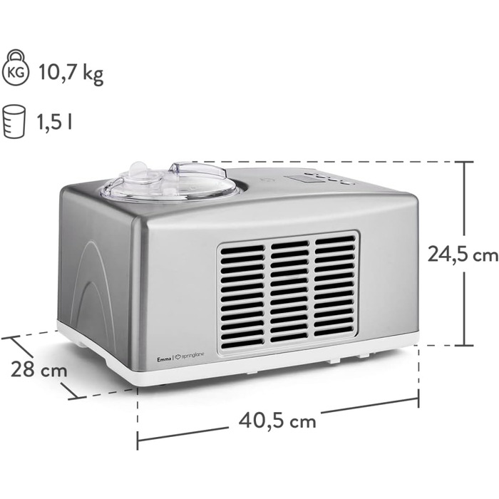 Електрична машина для приготування морозива Springlane 1.5 л з самоохолоджуючим компресором 150 Вт, з нержавіючої сталі з знімним контейнером для льоду, з рецептами (срібна)