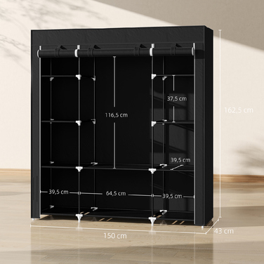 Шафа для одягу HOMCOM з блискавкою, 1 перекладина, 10 полиць, 150x43x162,5 см, фліс, економна та міцна.