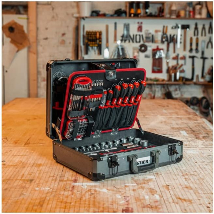 Набір інструментів STIER 144 предмети в алюмінієвому кейсі: викрутки, плоскогубці, ножиці, пилка та інше
