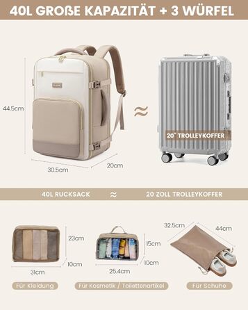 LOVEVOOK Рюкзак ручної поклажі, 40л, 17.3 дюйми, для подорожей та бізнесу, водонепроникний, 45x30x20см, світло-бежевий