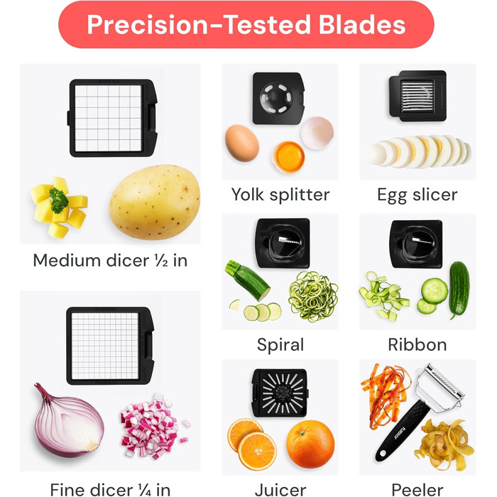 Набір для нарізки овочів та фруктів 9-в-1 (чорний) – нарізач, спіралізатор, тертка для овочів та фруктів