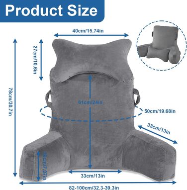 Лежак для читання в ліжко, 90 x 80 см (ДxВ) XXL подушка для спини, диван для дорослих з підлокітниками та знімною подушкою для шиї, спинка для читання з кишенею для ліжка, дивану, підлоги та стільця, світло-сірий