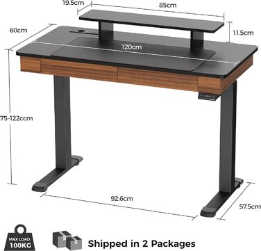 ЕРГОНОМІЧНИЙ Регульований по висоті стіл Електричний 140x60 см Великий комп'ютерний стіл Подвійний двигун Електричний стіл для ПК Стіл з подвійною шухлядою, підставка для монітора, функція пам'яті (дерев'яна стільниця 120 x 60 см, чорний горіх)