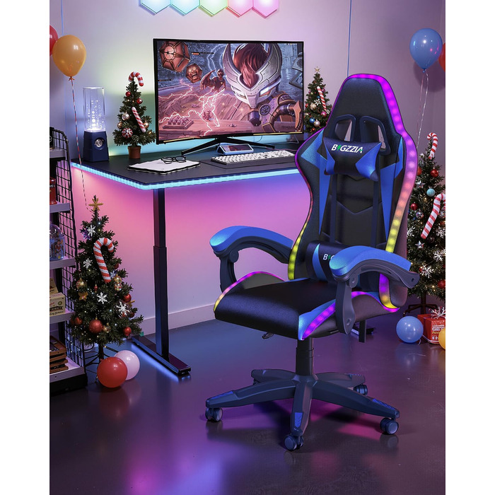 Ігровий крісло Bigzzia з LED підсвічуванням - ергономічне крісло для ПК з підголівником, RGB, чорно-синій колір, для підлітків та дорослих