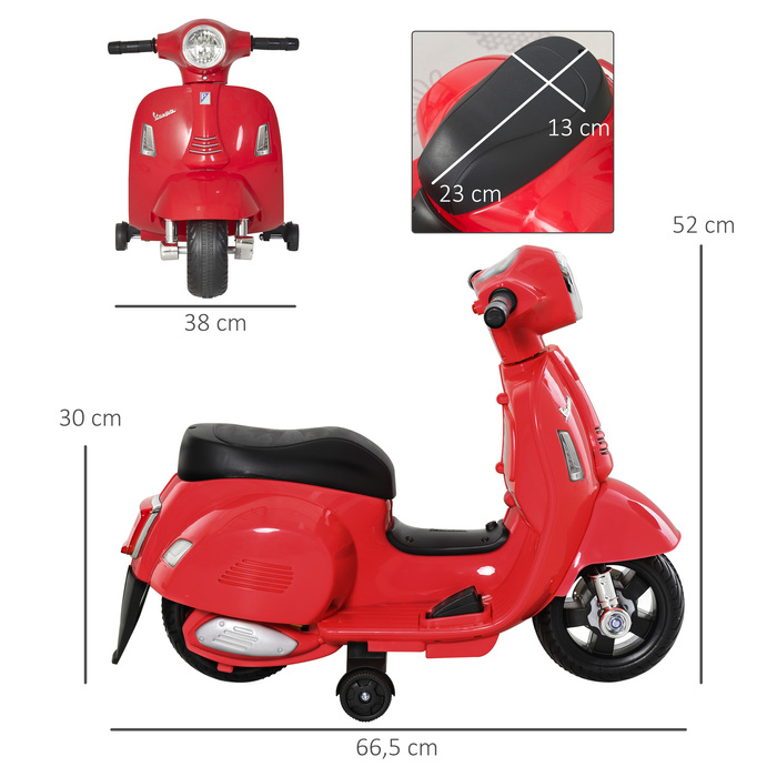 HOMCOM VESPA Електричний мотоцикл Дитячий мотоцикл Електромобіль 18-36 місяців 3 км/год Світлодіодне світло Звук PP Пластик Метал Червоний 66.5 x 38 x 52 см
