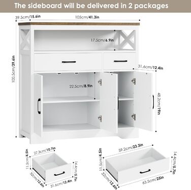 Сервант HOCSOK з 2 шухлядами та 3 дверцятами, кухонна комода, буфет з робочою поверхнею для вітальні/їдальні, регульована полиця, 105x100.5x39.5 см