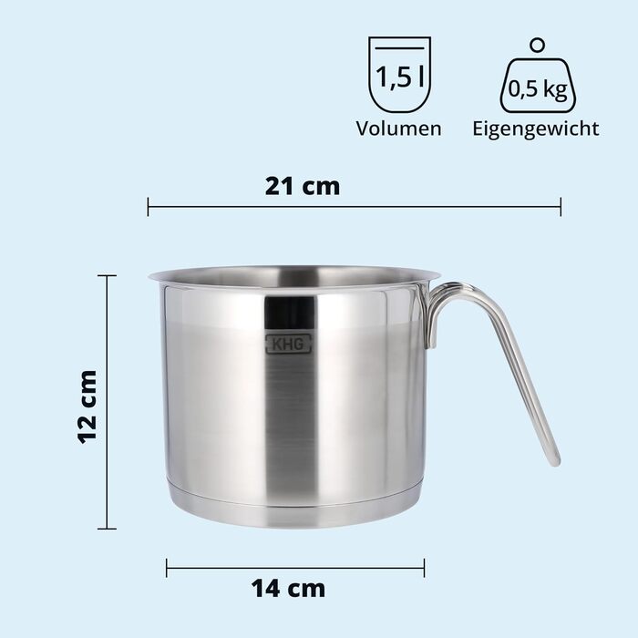 Каструля KHG 14 см з нержавіючої сталі, 1,5 л, індукційна, для всіх типів плит, з високим бортиком