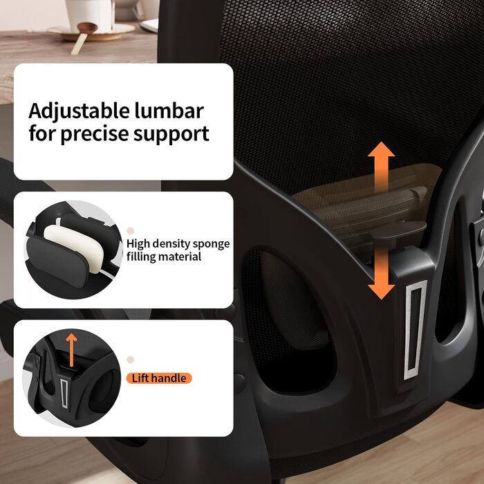 Офісний крісло Monhey з регулюванням висоти, поворотне, з відкидними підлокітниками, дихаюча сітка, регульована підголовник та інтелектуальна підтримка попереку – для дому та офісу (чорний)