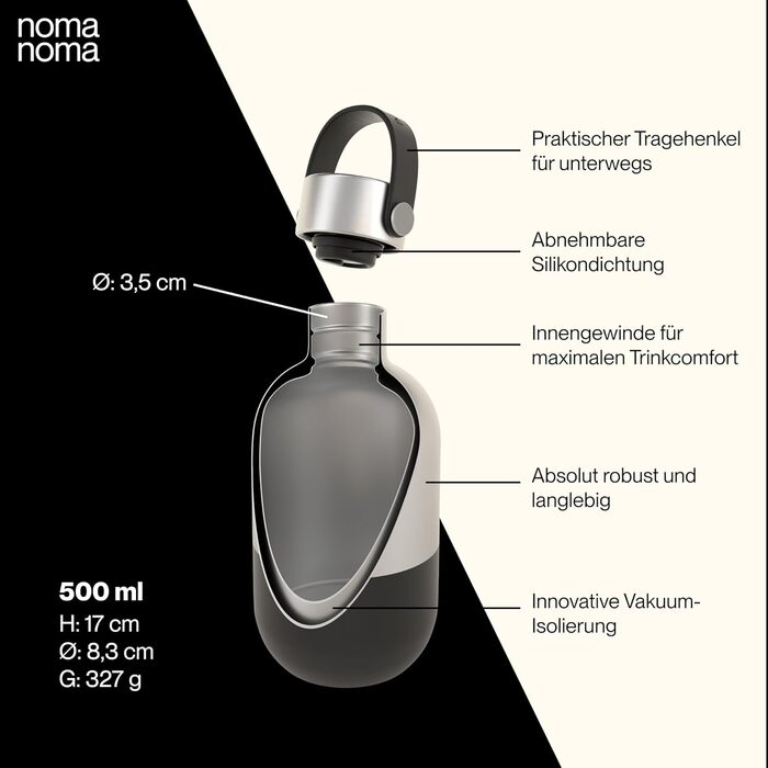 Пляшка для пиття noma noma ізольована пляшка з нержавіючої сталі 500 мл герметична пляшка-термос 500 мл, 750 мл і 1 л вакуумна пляшка для вуглекислого газу кліматично нейтральна та без бісфенолу А Кава чорна 500 мл Кава чорна