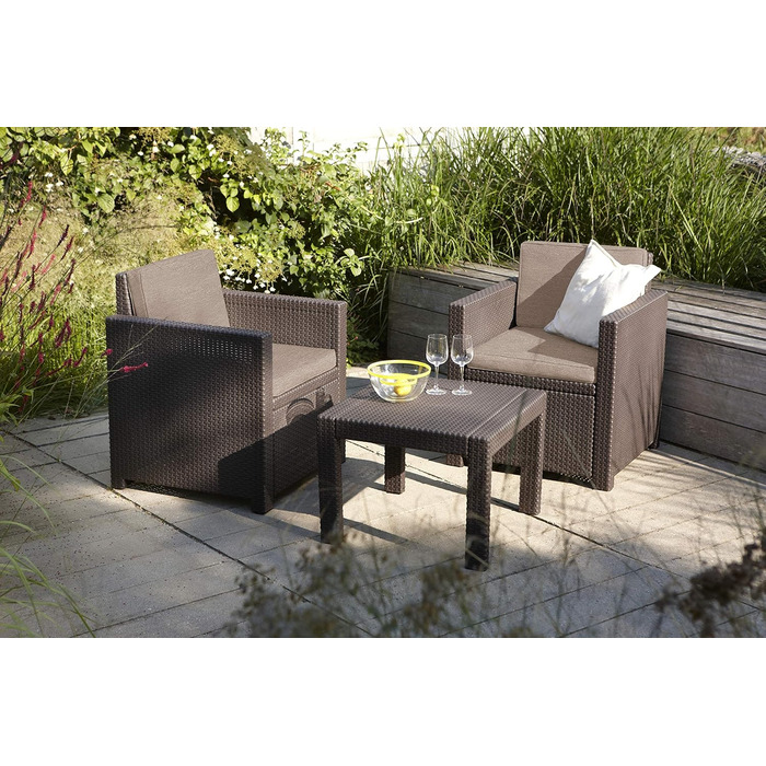 Набір меблів для балкона Allibert Victoria (3шт), графіт/cool grey, пластик, імітація ротангу, з подушками для сидіння та спинки