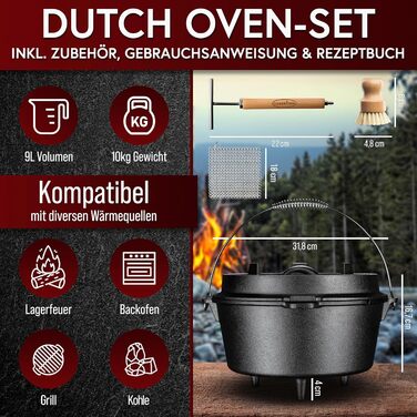 Набір голландської печі: чавунний казанок 4,5л та 9л з ніжками, для 2-4 осіб, з кришкою-підйомником, очищувачем та щіткою, з рецептами, 30 років гарантії