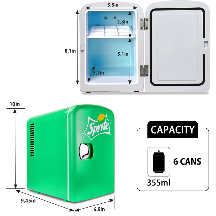Міні-холодильник Coca Cola Sprite 4L для спальні, 6 банок: продукти, напої, діти, дім, авто, подорожі, 12V, переносний, зелений
