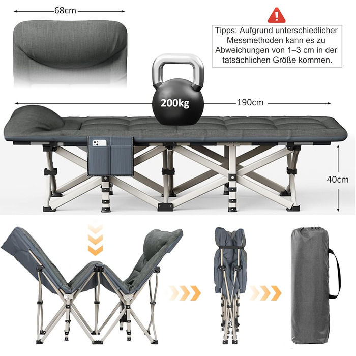 Розкладне кемпінгове ліжко CALIYO, польове ліжко для гостей до 200 кг, 190 x 68 x 40 см, з сумкою для зберігання, чорне