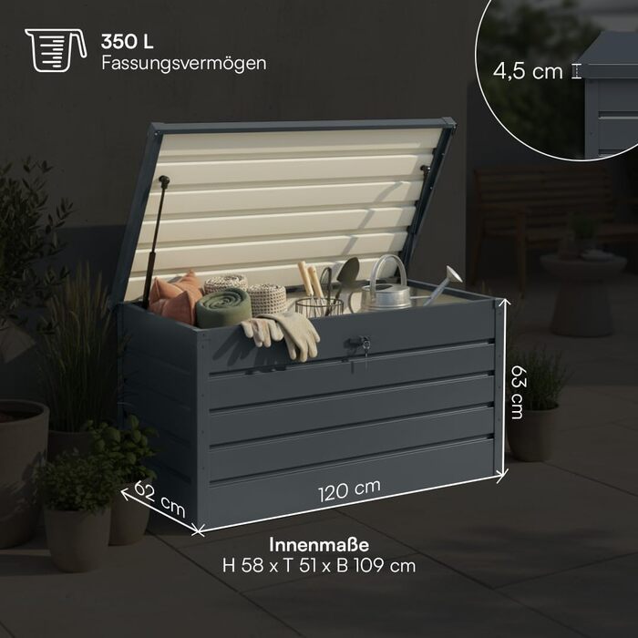Скриня садова металева Steelsøn Dorado 350л антрацит, водонепроникна, з замком та відкидною кришкою для тераси, балкону, саду 120x62x63 см