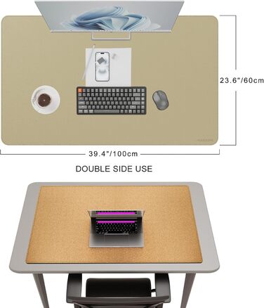 Килимок на стіл MAIDERN XXL 100x60 см двосторонній (шкіра та корк), водонепроникний килимок для миші та робочого столу для офісу та геймінгу, чорний