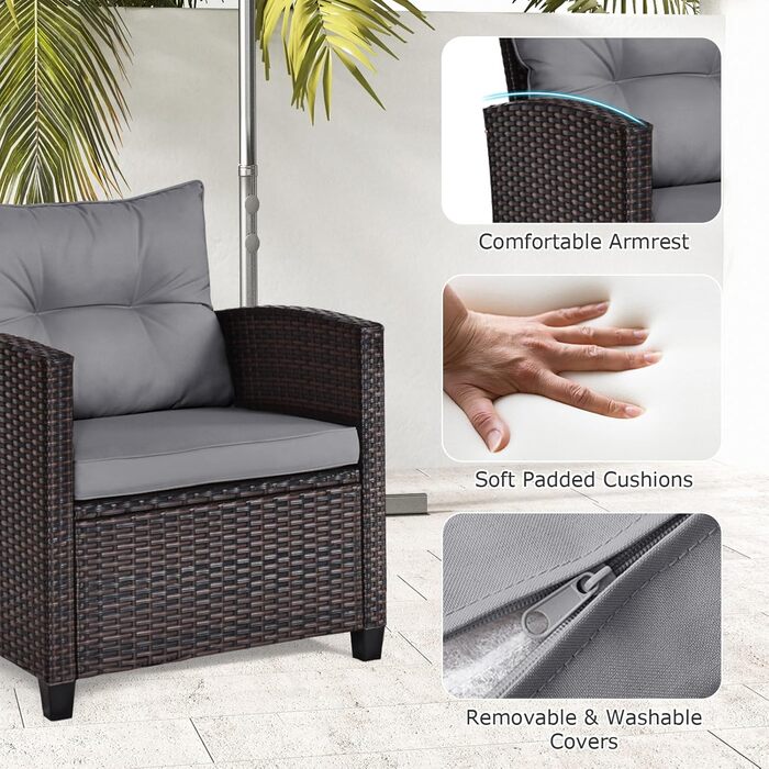 Набір садових меблів LIFEZEAL 3 предмети: 2 крісла та стіл з штучного ротангу (PE) з подушками, скляна стільниця, для тераси, балкона, саду - сірий