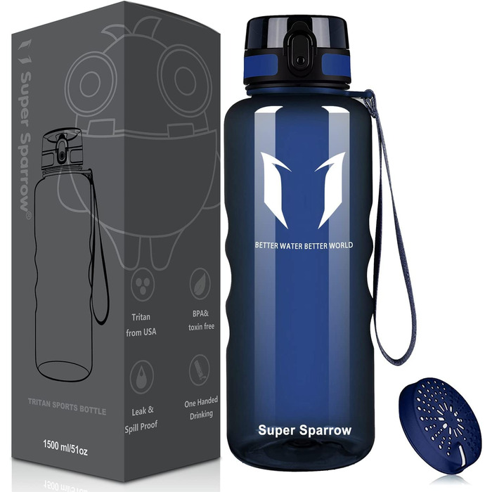 Пляшка для пиття Super Sparrow-пляшка для води об'ємом 1,5 л, герметична-спортивна пляшка без бісфенолу А / Школа, спорт, вода, велосипед (1-прозорий-метиловий синій)